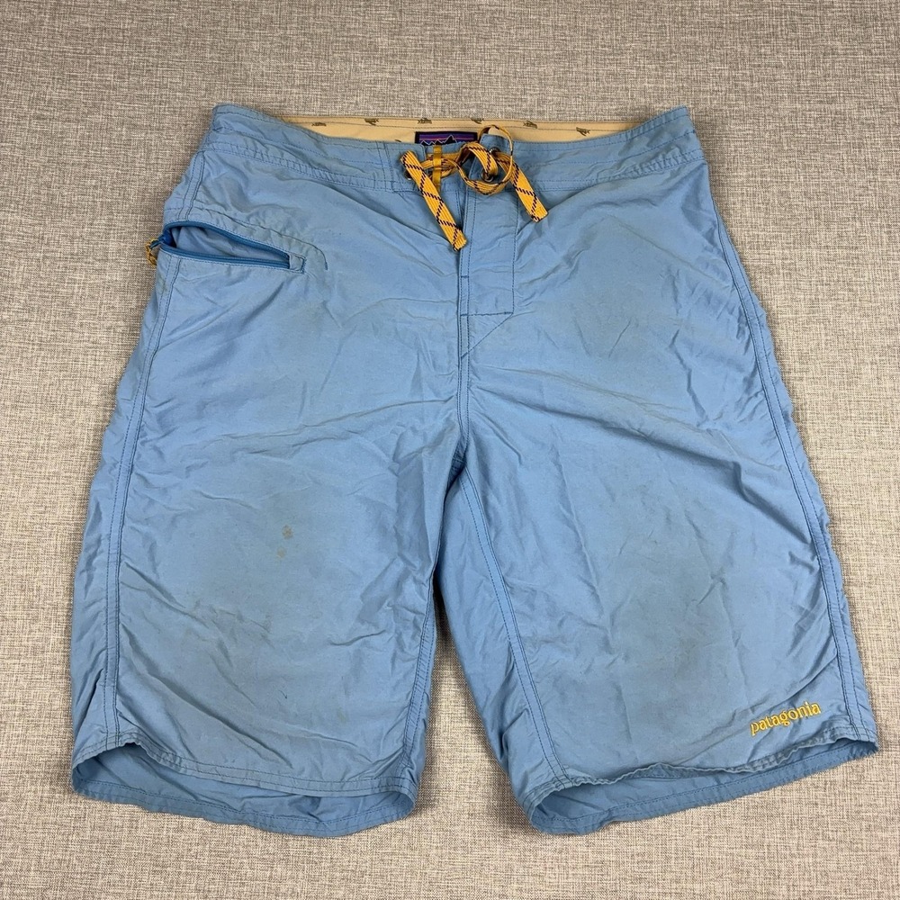 Patagonia Board Shorts Mens 32 Blue Solid Swim Trunks Drawstring Zip Pocket